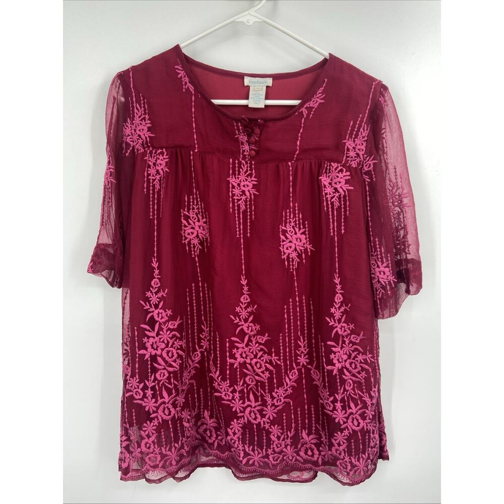 Sundance Cora Floral‎ Embroidered Overlay Blouse Wineberry Red Small Petite